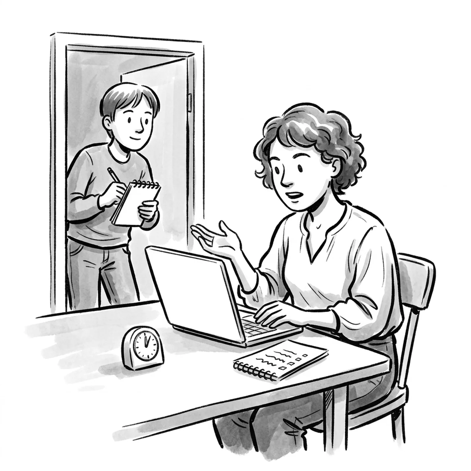 A product manager at a kitchen table rehearses an interview answer out loud to a laptop, a timer and a paper checklist beside her, while a friend waits in the doorway with a notepad