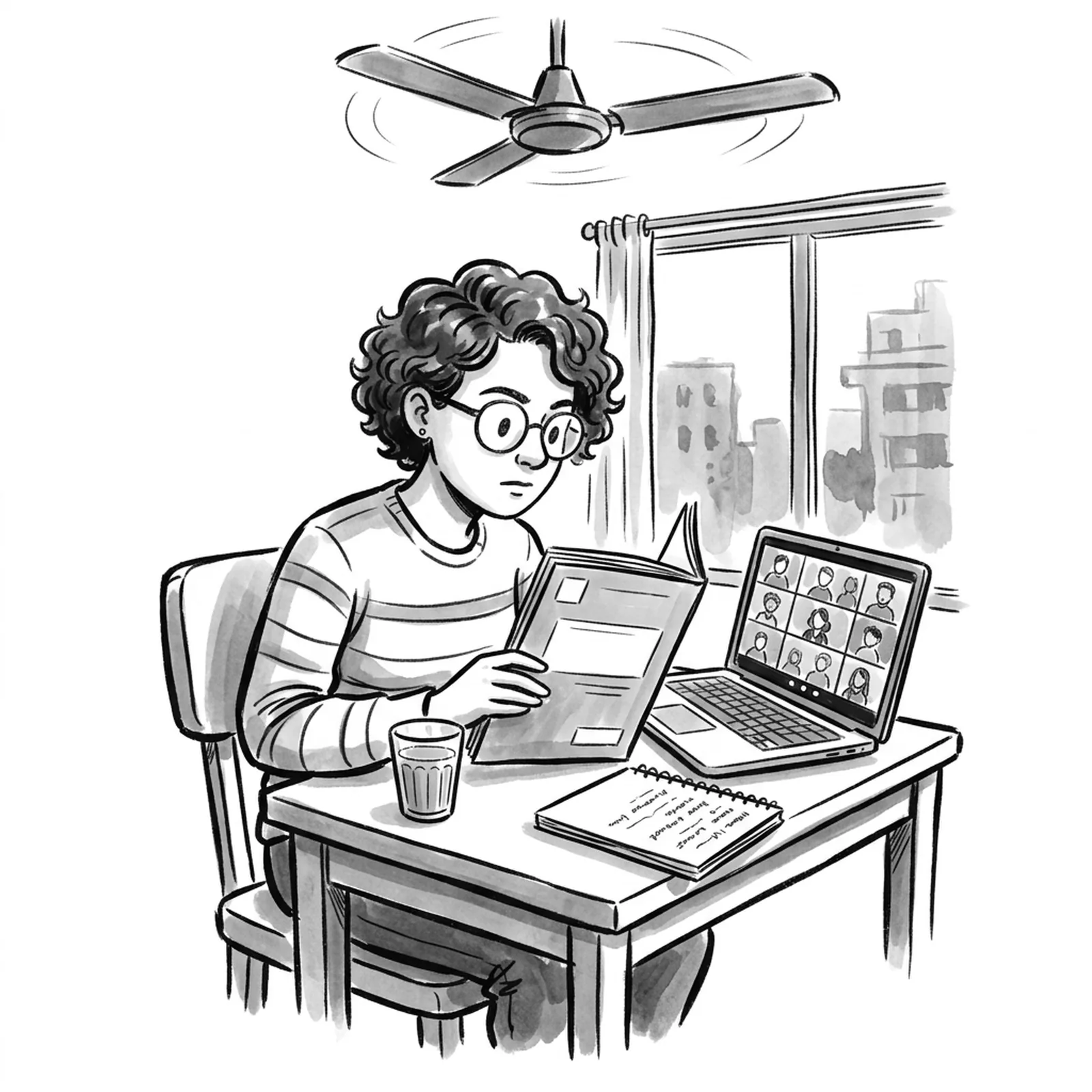 A young product manager at a small desk in a Bengaluru flat compares a thick institute brochure, a laptop showing a live video class and a slim notebook of handwritten notes, with a ceiling fan overhead