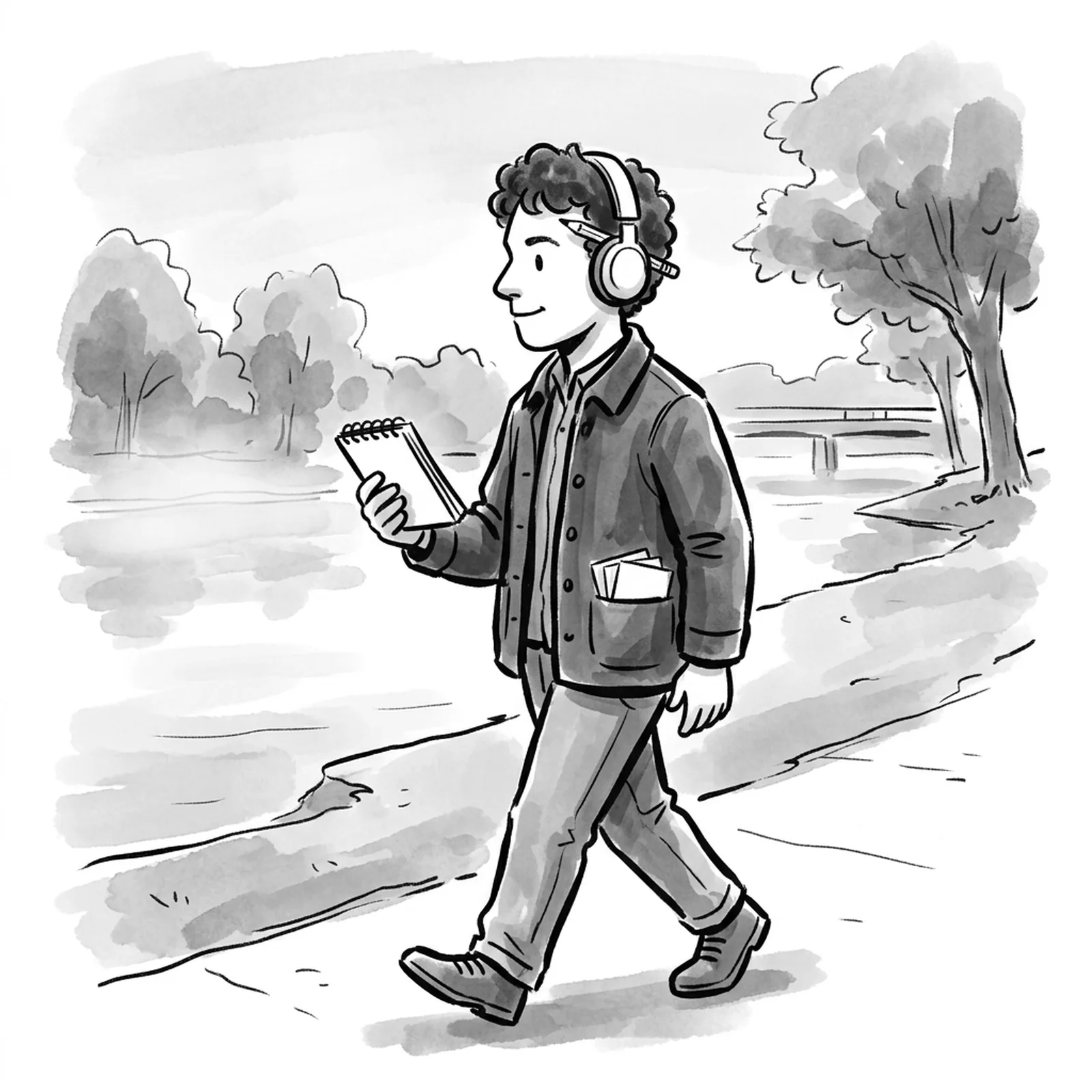A product manager walking along a riverside path with headphones on, a small notebook open in one hand and a pencil tucked behind one ear