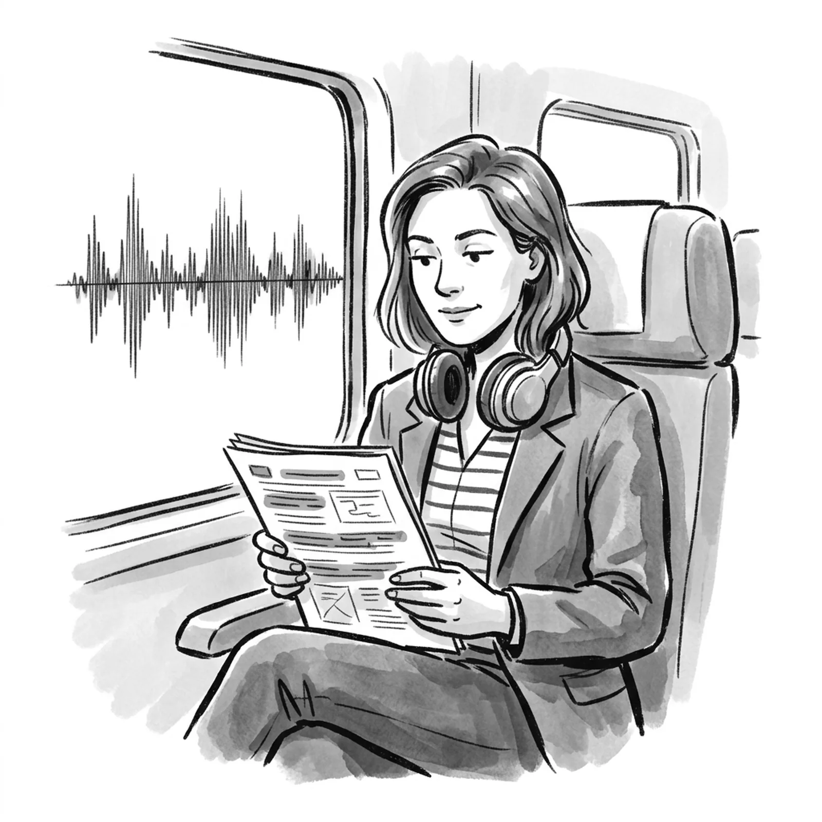 A product manager on a morning train with headphones around her neck, reading a short printed summary with highlighted lines while a long audio waveform stretches across the window beside her