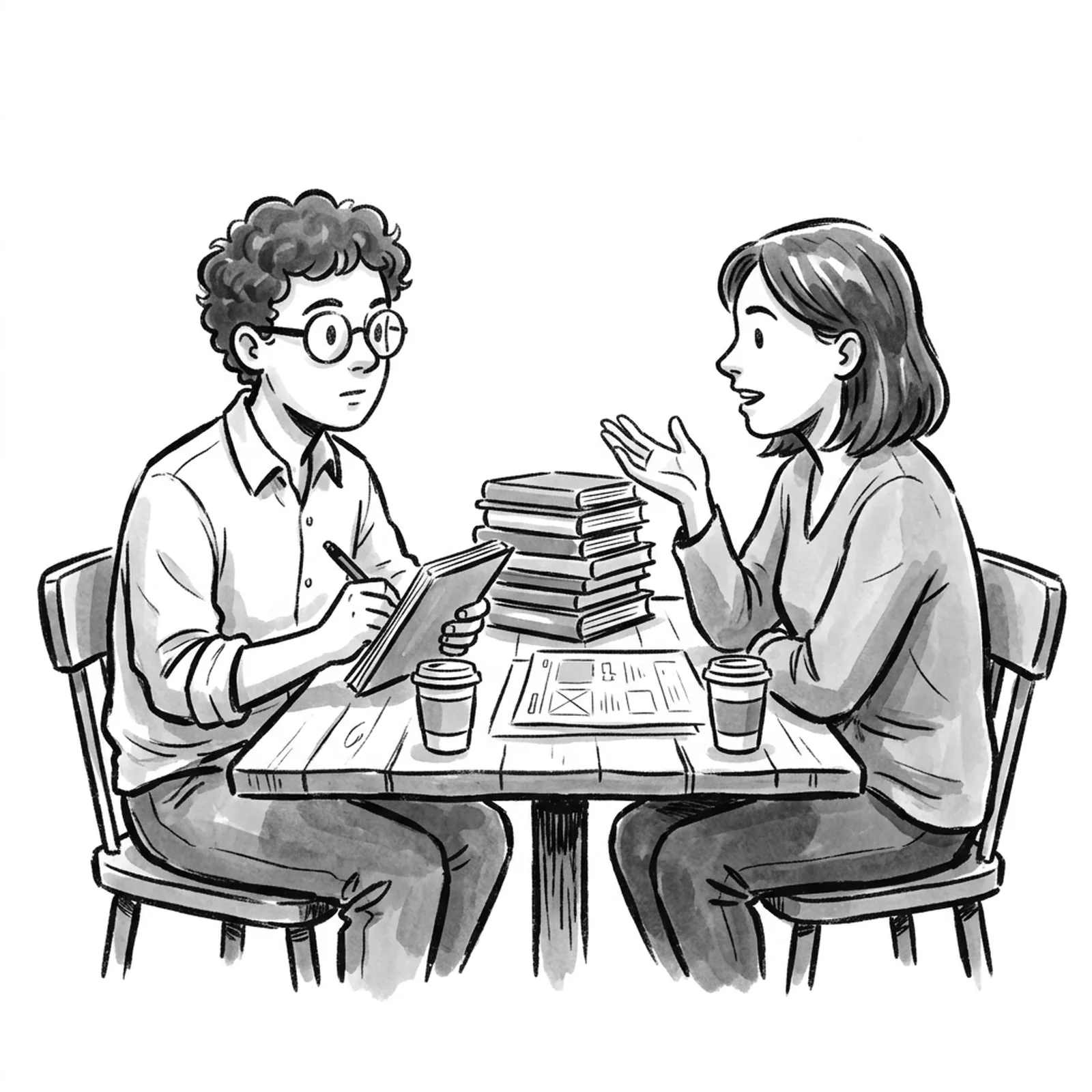 A product manager at a small cafe table listening to a customer and taking notes, with a short stack of eight books and a paper prototype between them