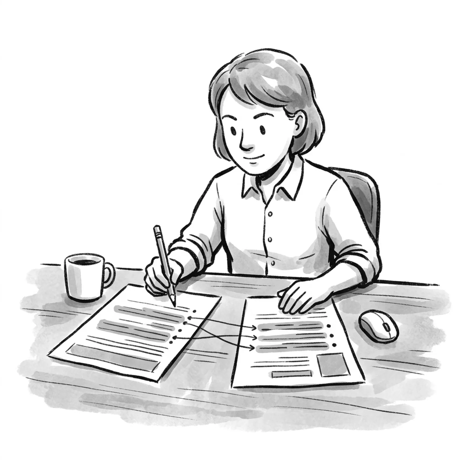 A product manager at a desk with a printed job posting on the left and a resume on the right, drawing pencil lines that connect highlighted lines on one page to bullets on the other