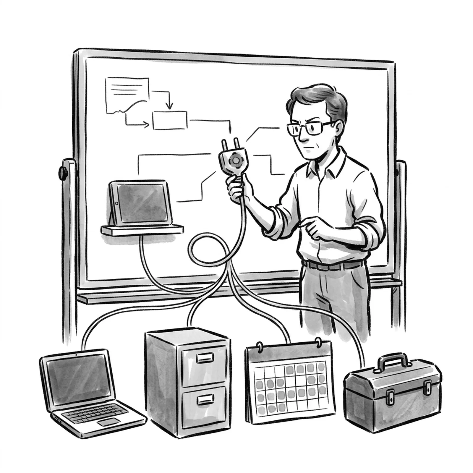 A product manager at a whiteboard connects one universal plug to a row of different devices, a laptop, a filing cabinet and a calendar, with hand-drawn cables