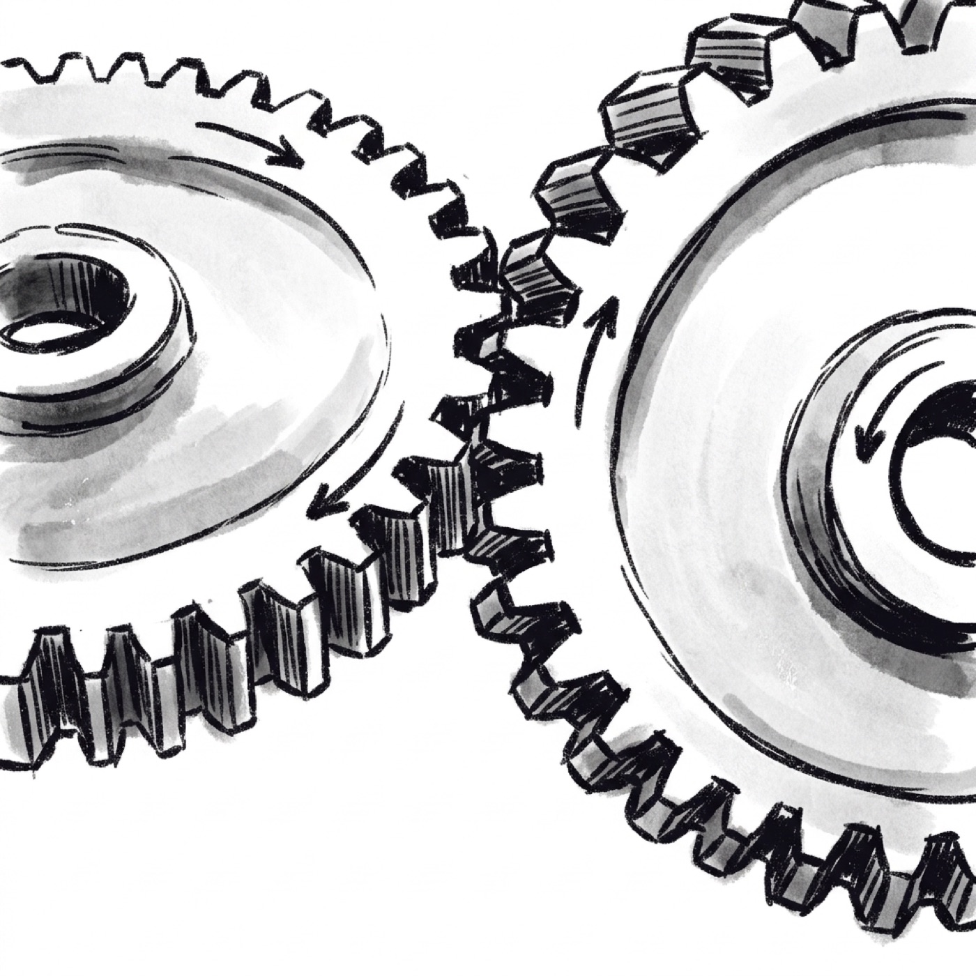Two interlocked gears turning in opposite directions