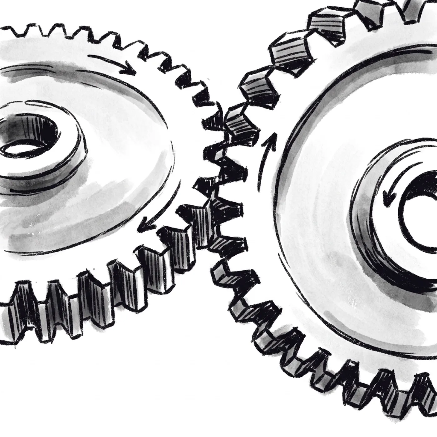 Two interlocked gears turning in opposite directions