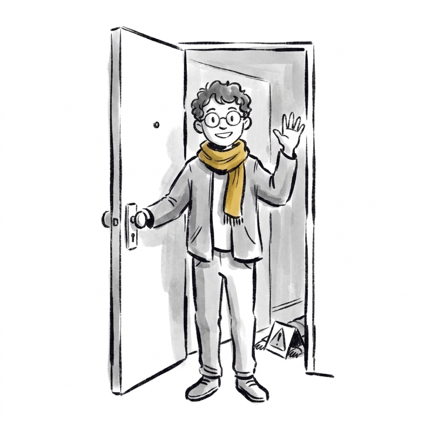 A PM waving a guest in at an open door while a warning sign lies unnoticed on the floor
