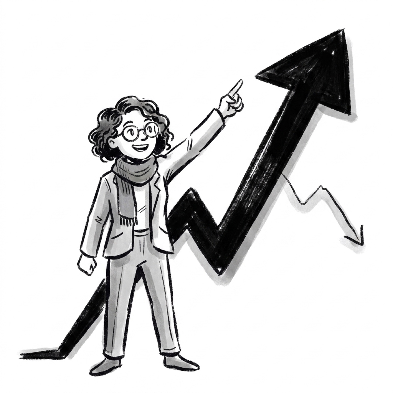 A PM triumphantly pointing at a rising graph line while a second line quietly dips behind it