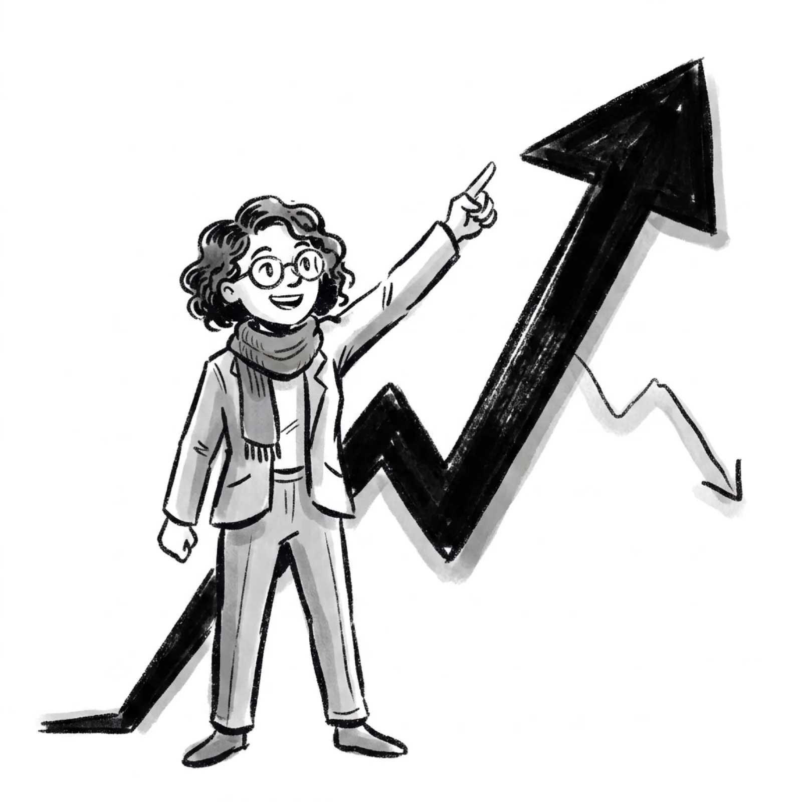 A PM triumphantly pointing at a rising graph line while a second line quietly dips behind it