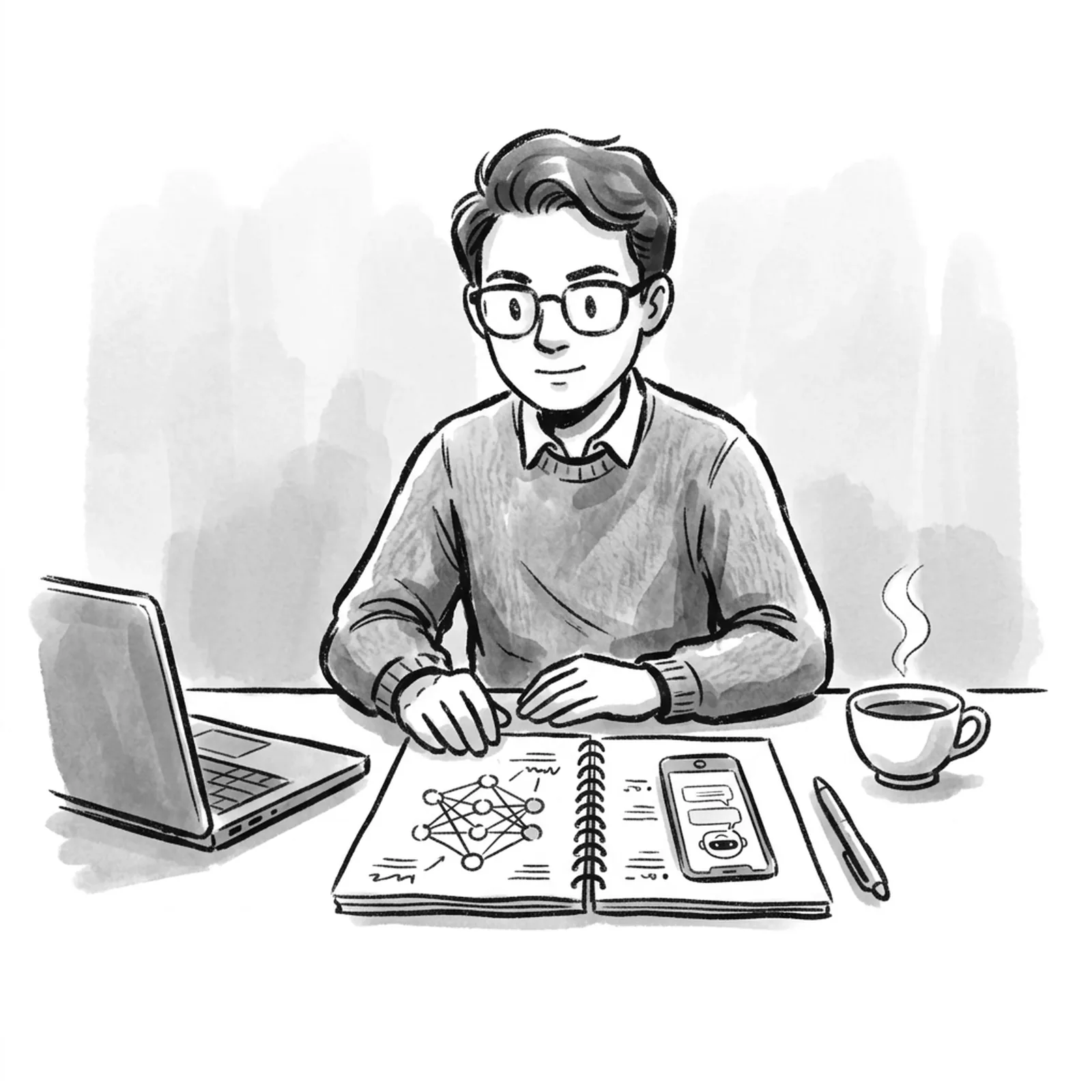 A candidate at a desk with a notebook of hand-drawn diagrams of a model, a phone and a browser window, preparing for an AI product interview