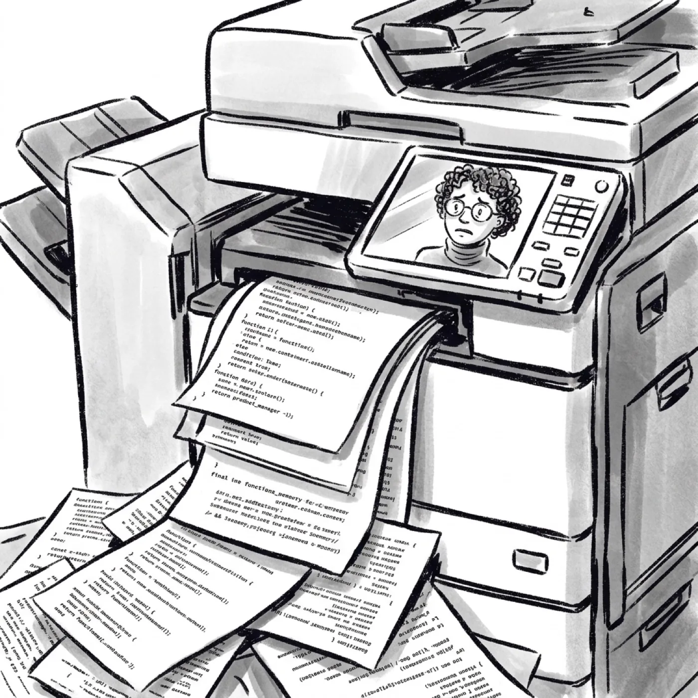 Extreme close-up of a photocopier churning out endless identical code sheets