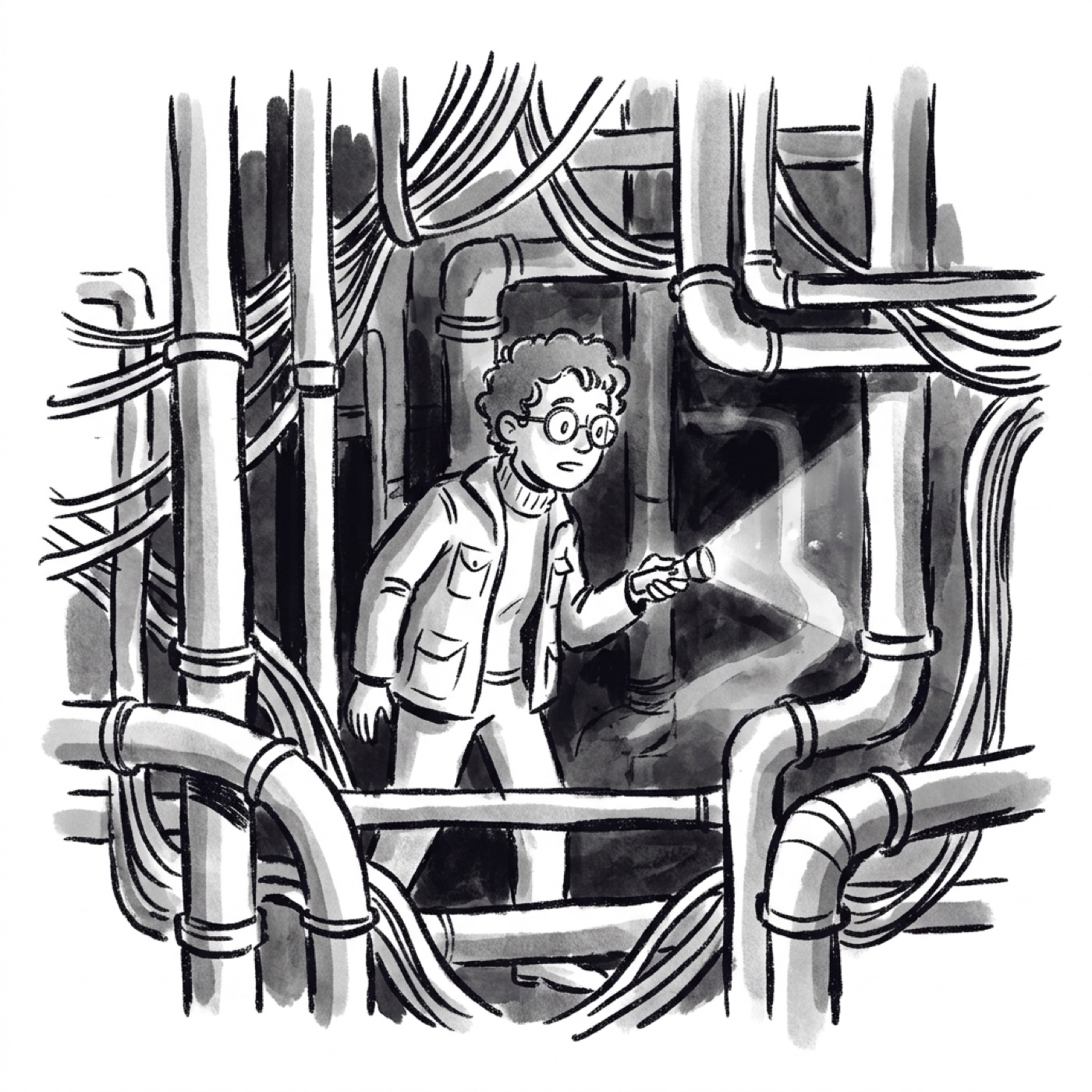 The same product manager, flashlight in hand, lost in a maze of pipes and wires with one path glowing faintly in the shadow