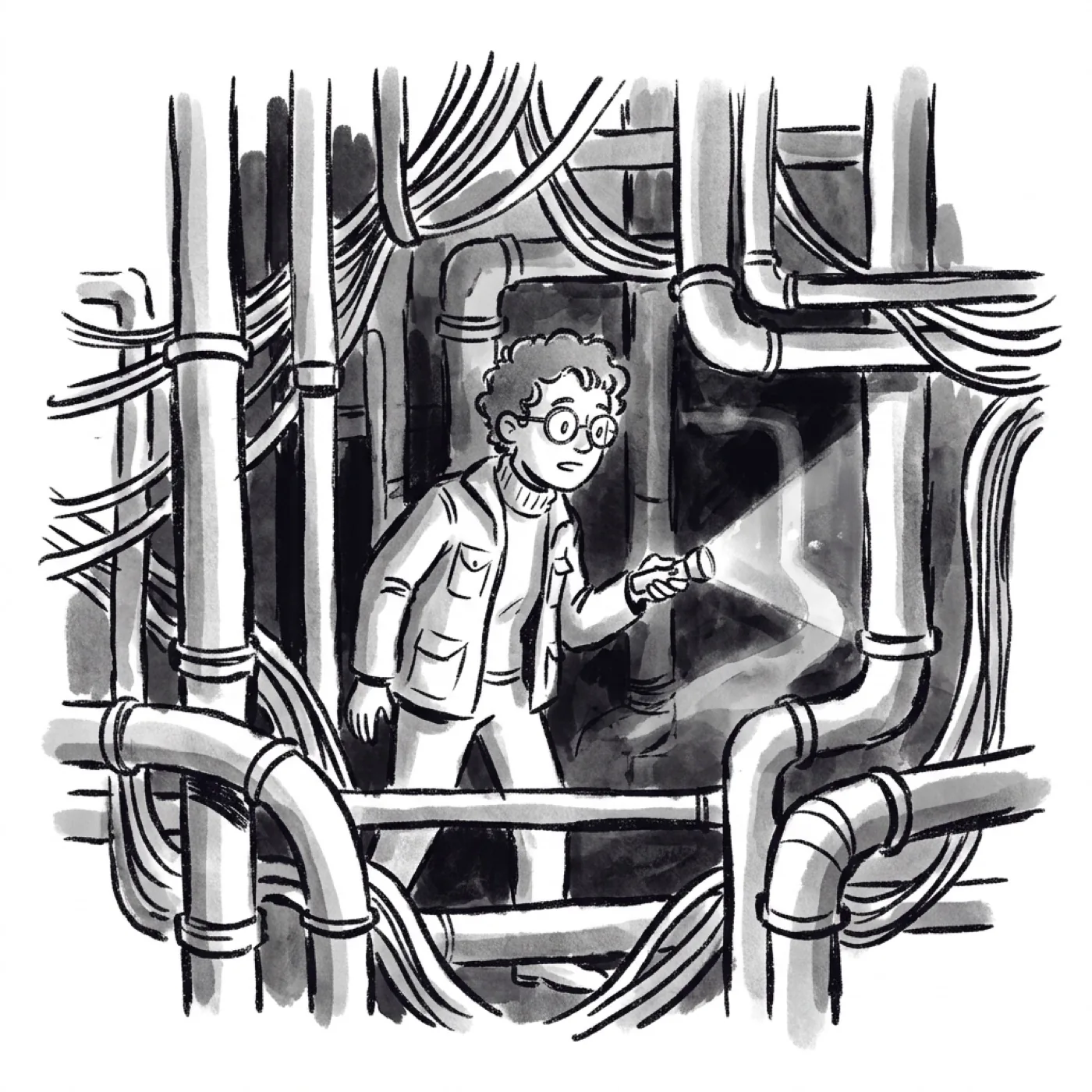 The same product manager, flashlight in hand, lost in a maze of pipes and wires with one path glowing faintly in the shadow