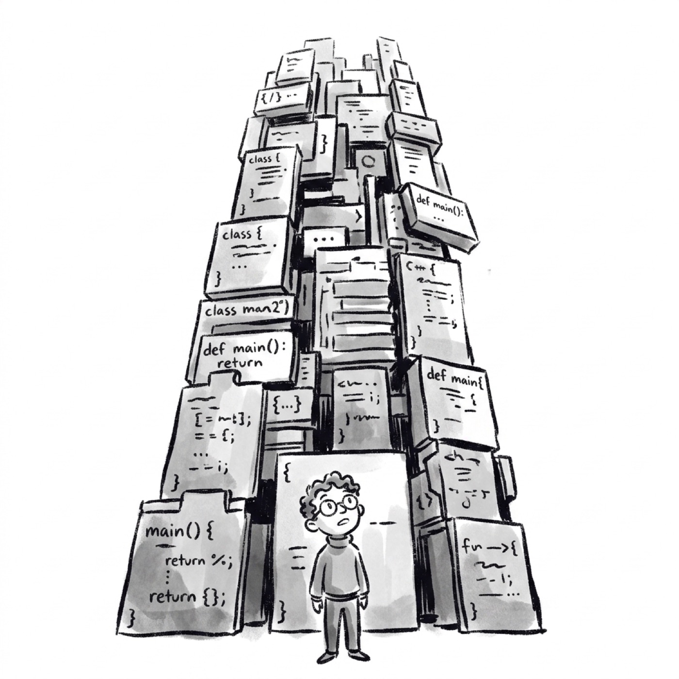 A tiny product manager stands at the base of a colossal, teetering skyscraper built from mismatched code blocks