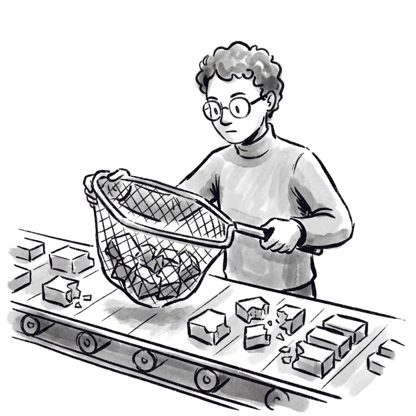 The same product manager fits a filter onto a conveyor belt, catching broken and duplicate code blocks