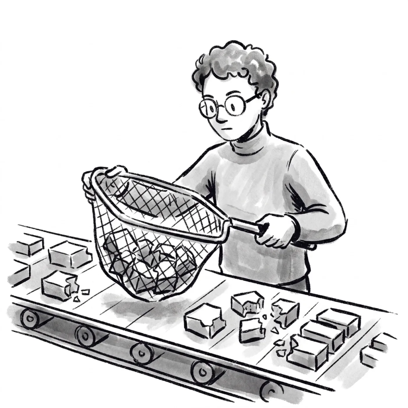 The same product manager fits a filter onto a conveyor belt, catching broken and duplicate code blocks