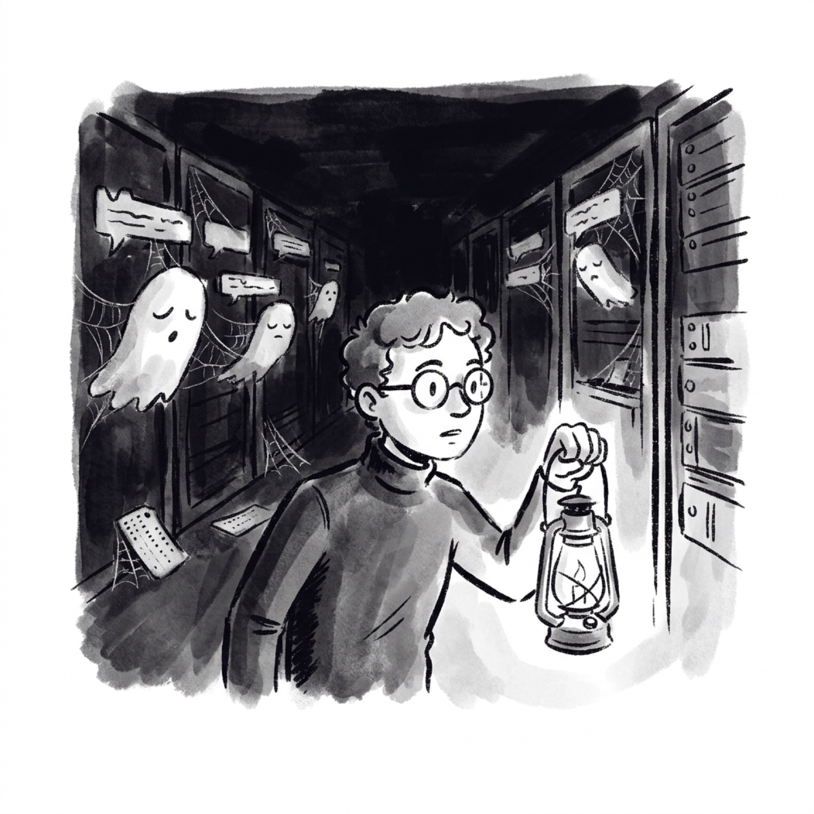 A product manager holds a lantern in a dark server room full of ghostly disused code