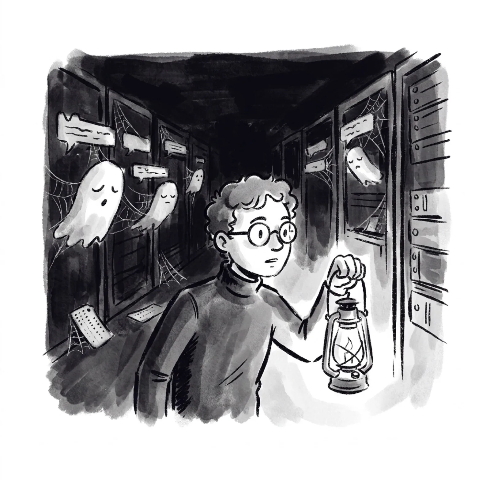 A product manager holds a lantern in a dark server room full of ghostly disused code