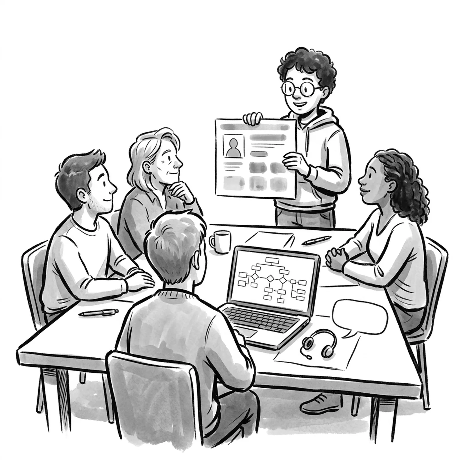 A product manager presenting a printed case study to three colleagues at a long table, with a laptop showing a branching flowchart of a support conversation