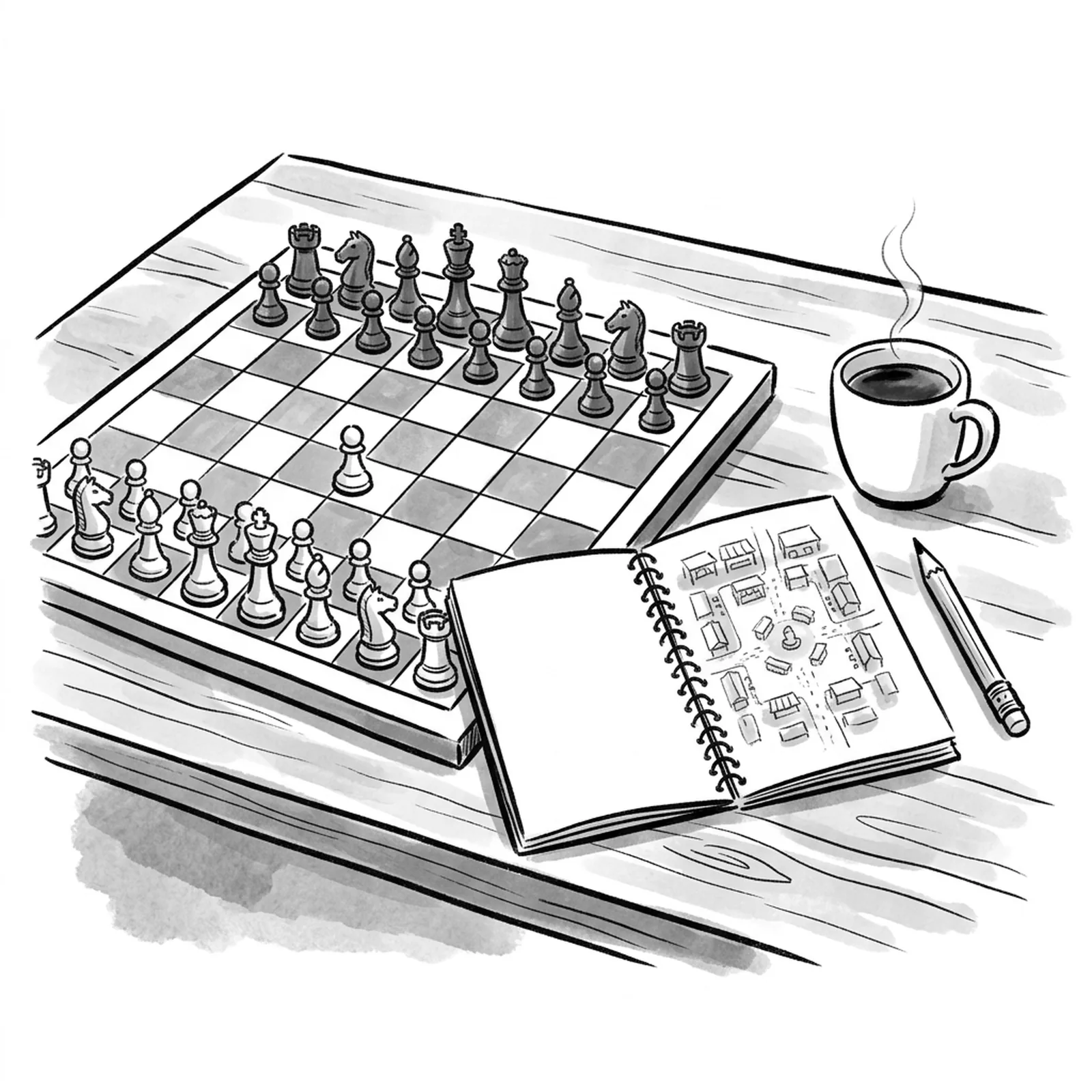 A chessboard on a desk beside an open notebook with a hand-drawn market map and a single pawn moved forward