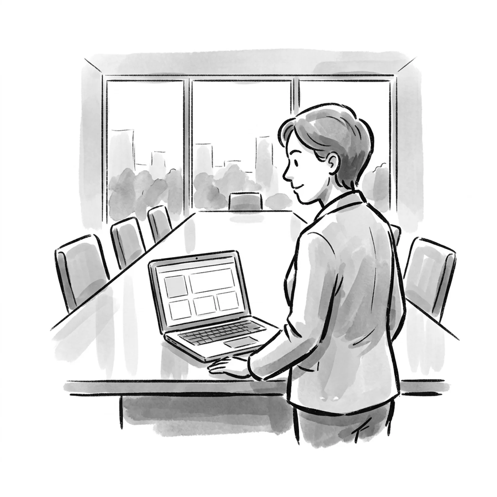 A product leader at the head of a boardroom table with an open laptop showing a simple personal website of blank cards
