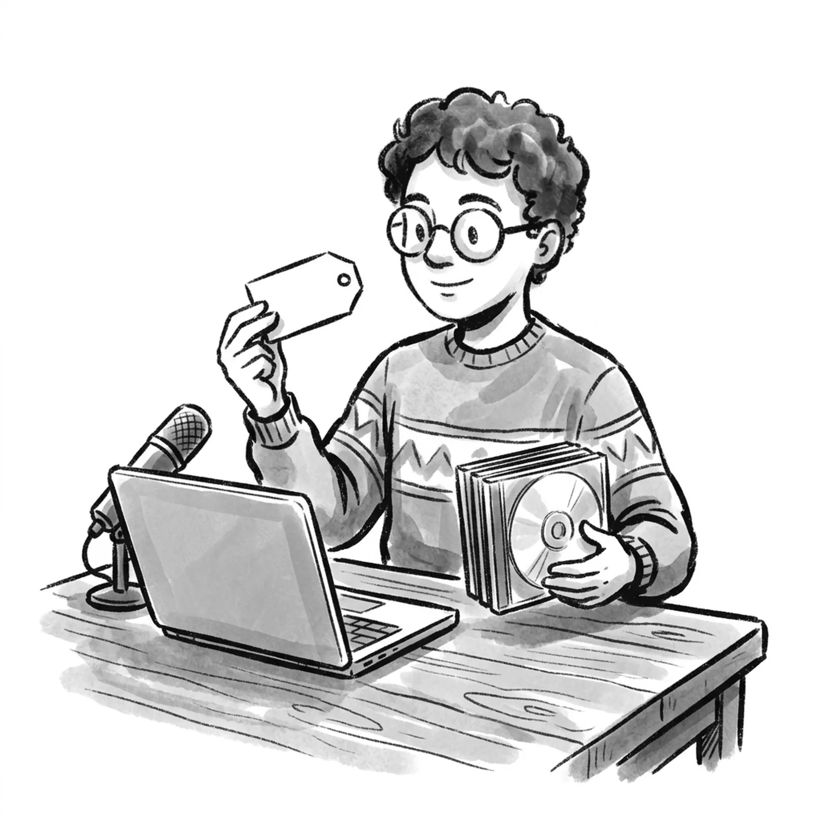 A product manager at a kitchen table holding a price tag in one hand and a stack of video course discs in the other, with a laptop and microphone beside them