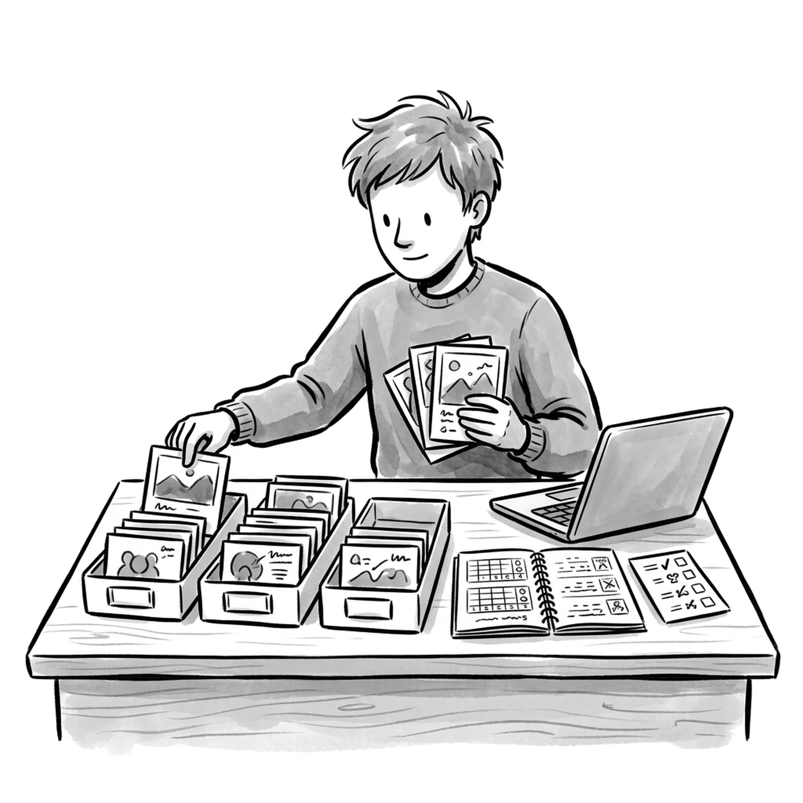 A candidate at a desk sorts a stack of annotated image cards into labeled trays, a laptop open beside a notebook of scoring rubrics