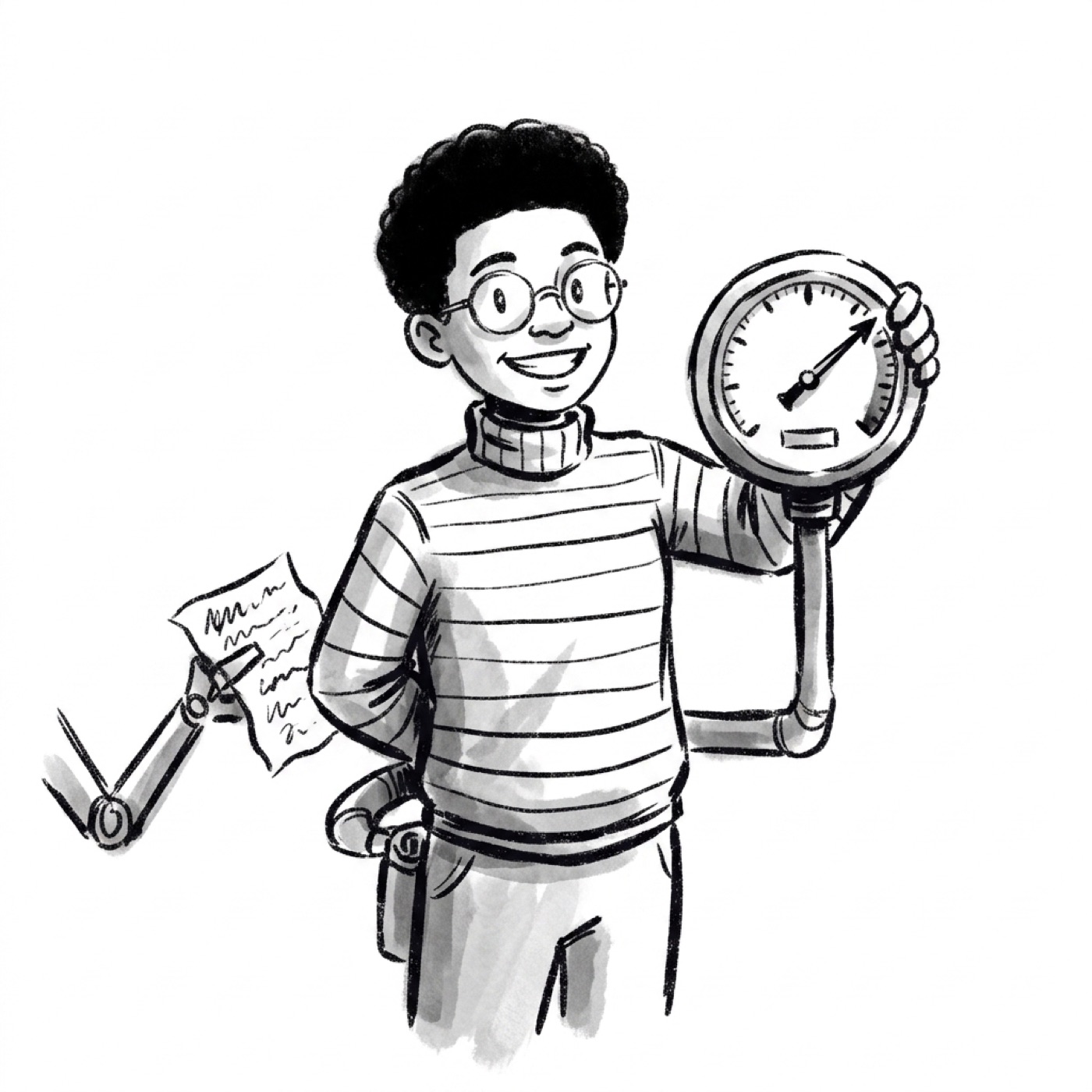 A PM proudly holds up a gauge pinned at maximum while a hidden arm tucks a note behind their back.