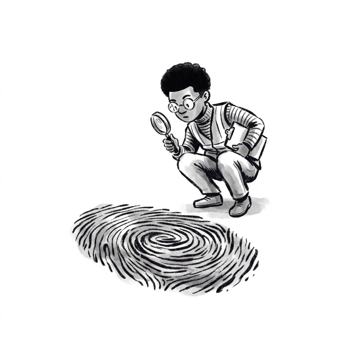 A tiny investigator with a magnifying glass crouches beside one enormous fingerprint on an empty floor.