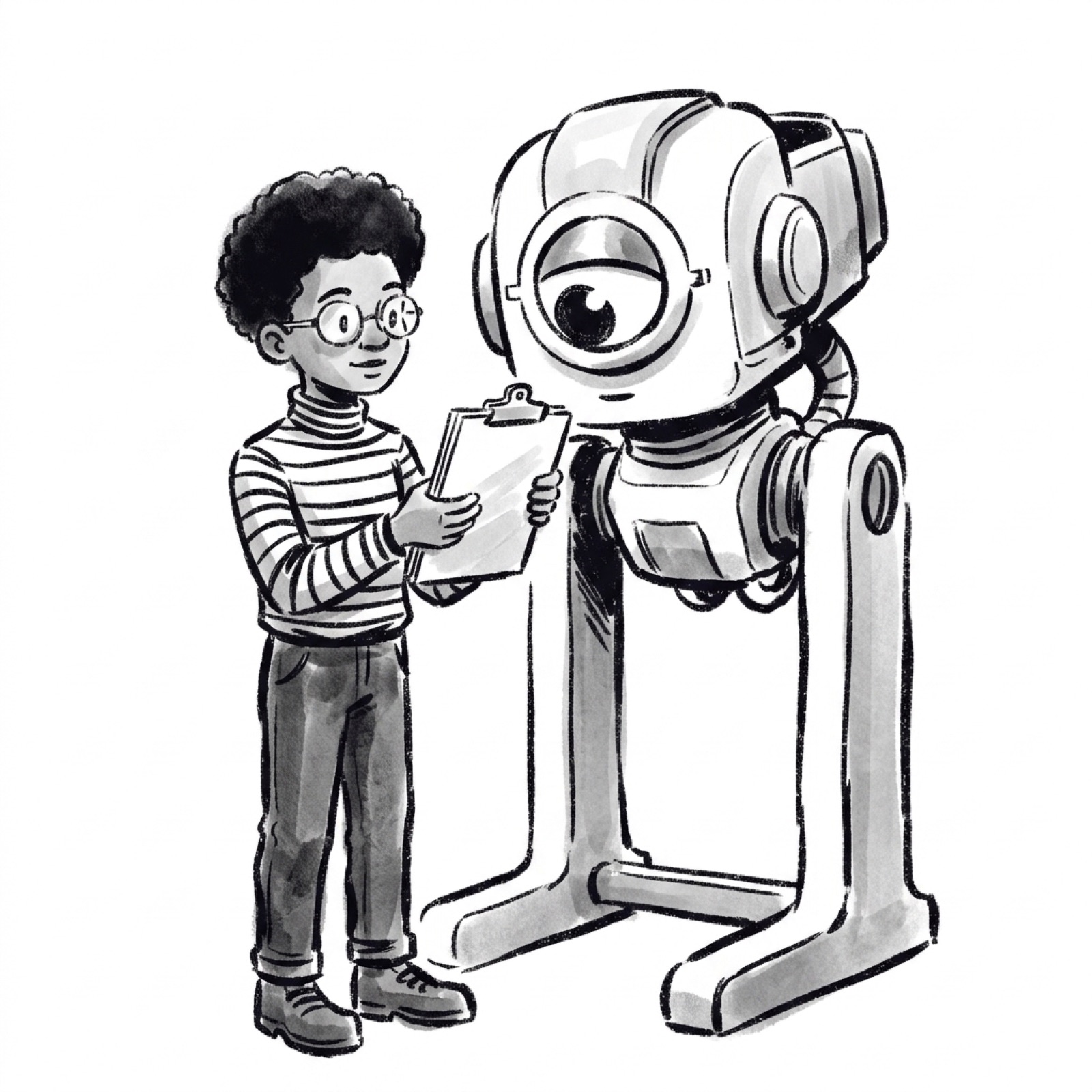 A product manager holds a clipboard up to a calm machine whose single eye swivels to read it.