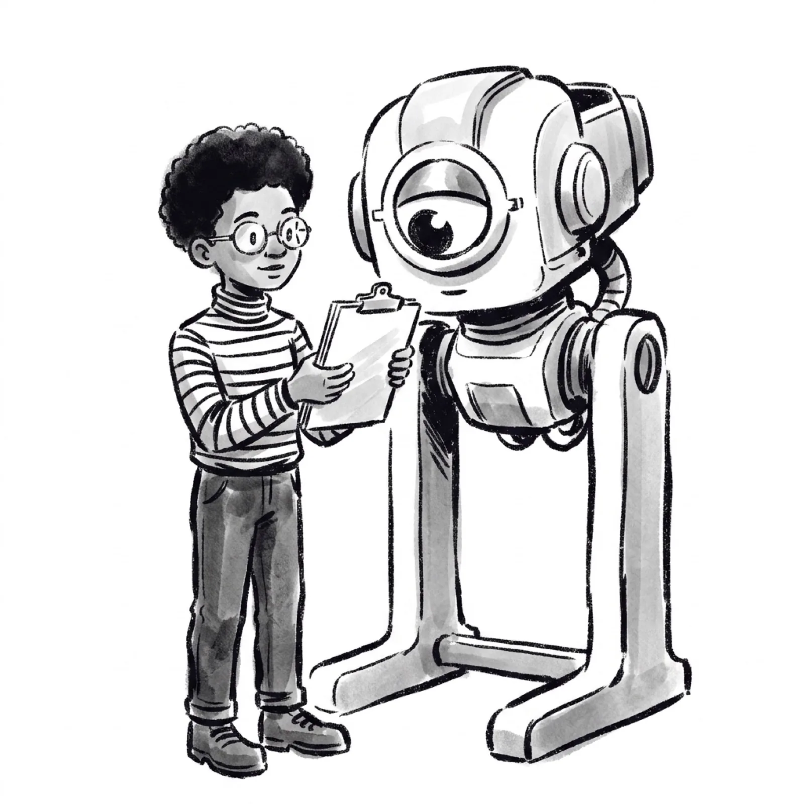 A product manager holds a clipboard up to a calm machine whose single eye swivels to read it.