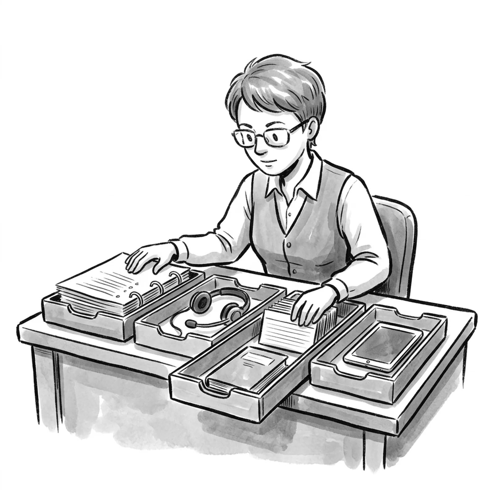 A product manager at a desk sorts interview prep materials into separate trays: a thick binder of questions, a headset, a stack of index cards, a paperback and a small tablet
