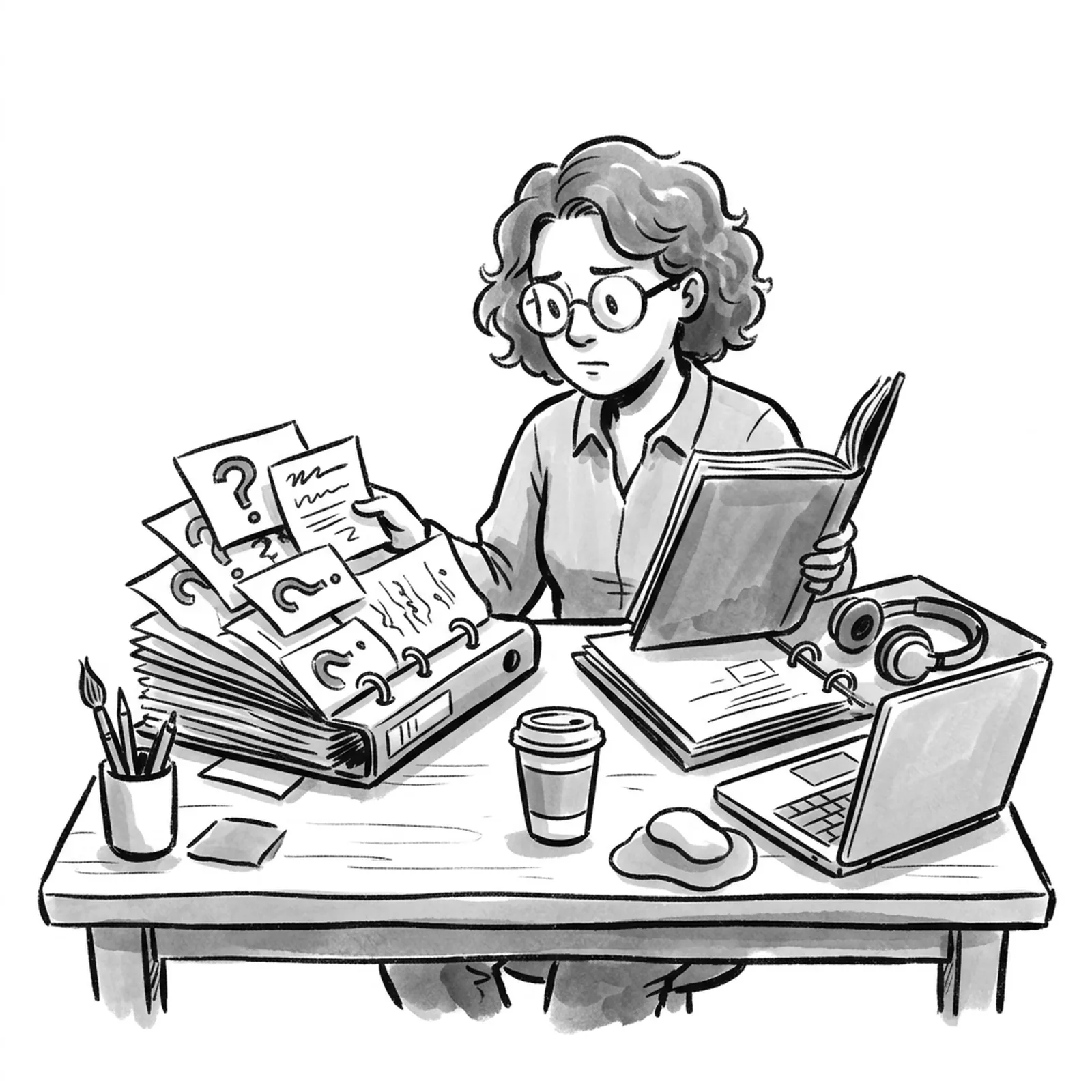 A product manager at a desk choosing between two open binders of interview notes, one thick and one slimmer with a laptop beside it