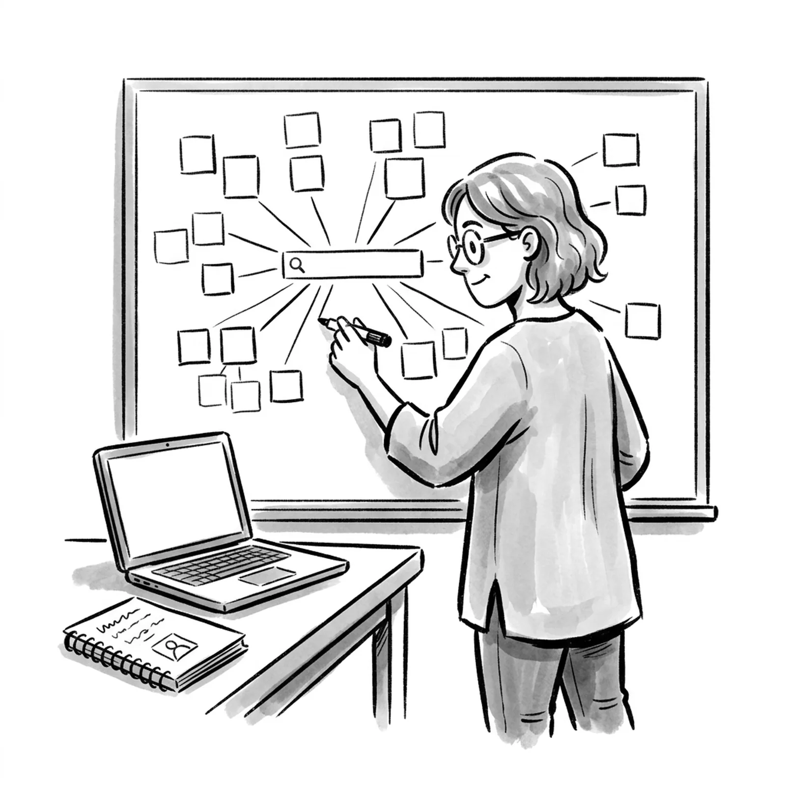 A product manager at a whiteboard sketching lines that connect a search box to many small app icons, with a laptop and a notebook of interview notes on the desk