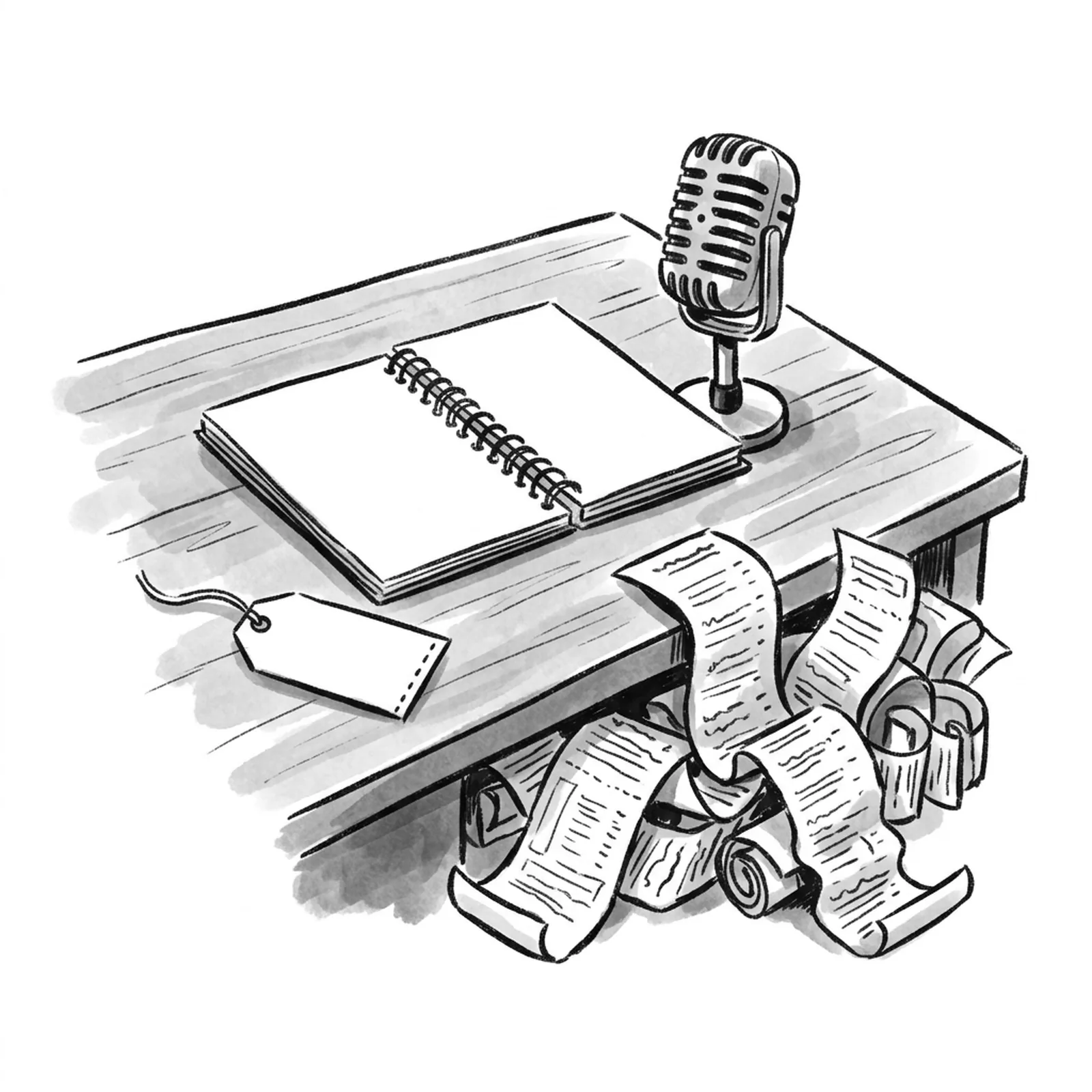 A desk with a single price tag lying face up beside a notebook and a microphone, next to a tangle of receipts pushed to the edge