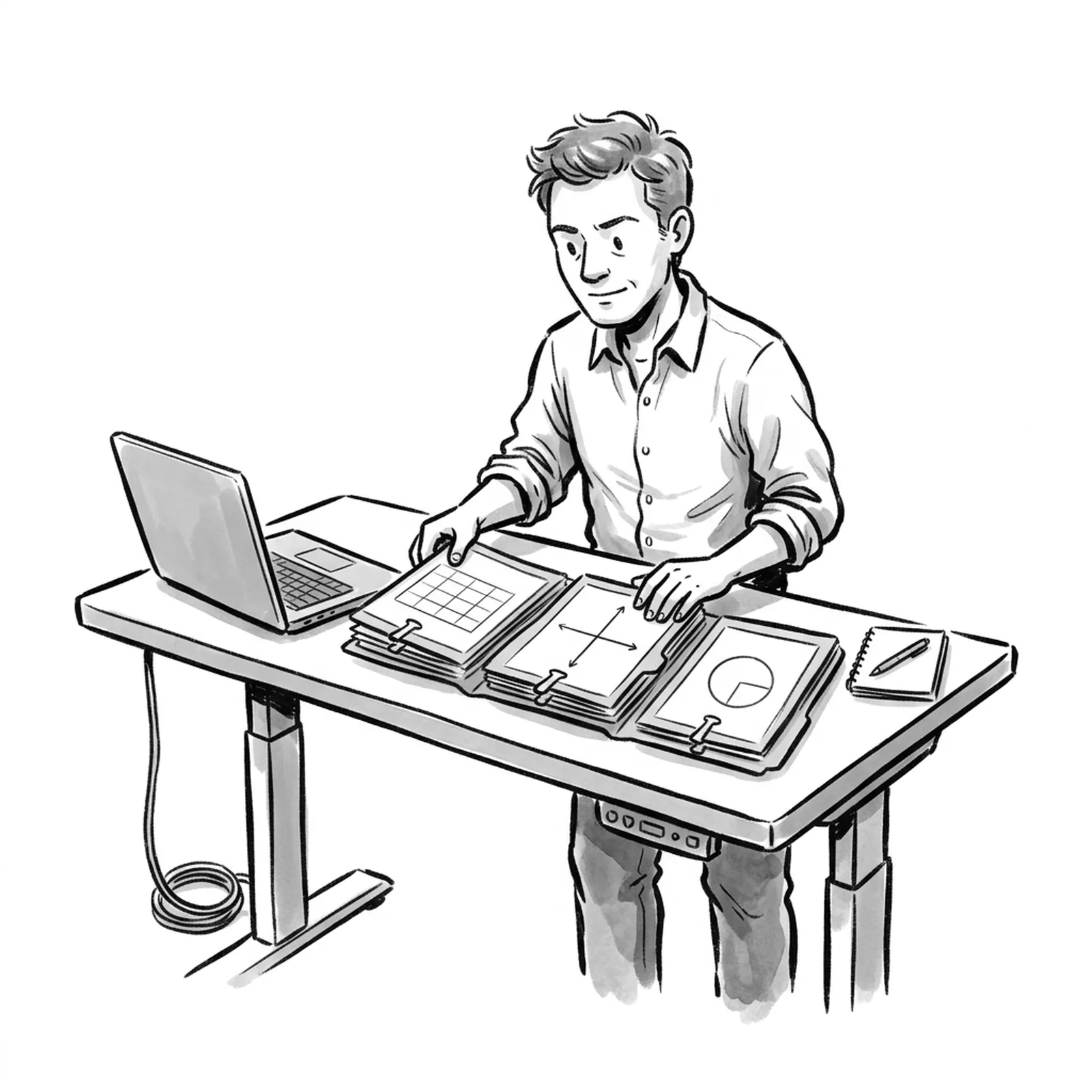 An experienced product manager at a standing desk arranging three thick folders side by side, each with a single chart sheet clipped to the front