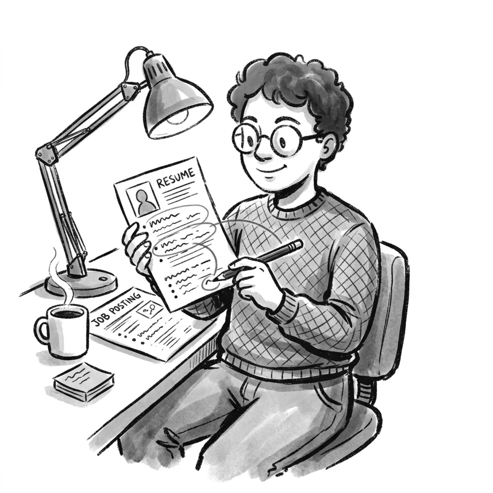 A product manager at a desk holds a printed resume next to a printed job posting under a lamp, circling matching lines on both pages with a red pencil