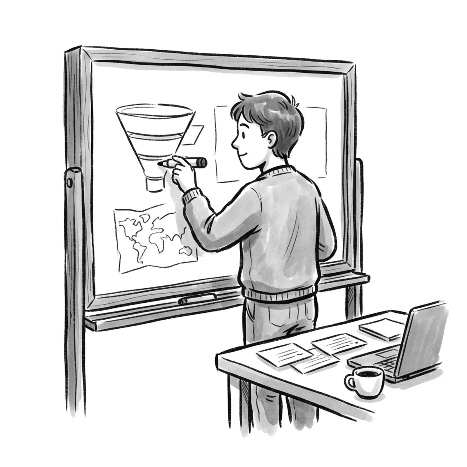 A candidate at a whiteboard drawing a funnel and a map outline, with a small stack of index cards and a cup of coffee on the table beside a closed laptop