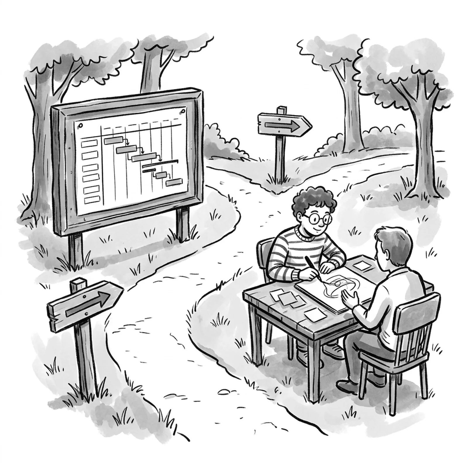 Two signposts at a fork in a path, one toward a timeline pinned to a board, the other toward a person sketching a product idea with a customer