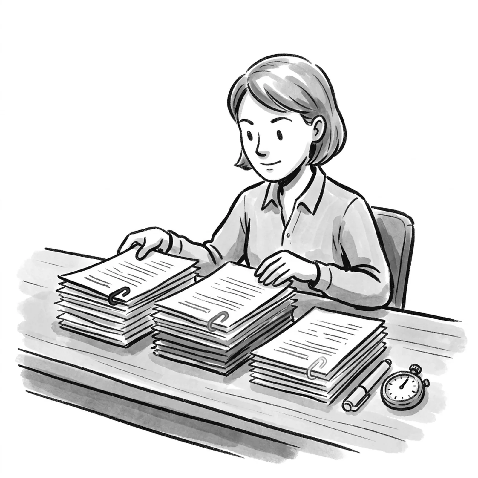 A product manager at a long table sorts fifteen printed job descriptions into three piles, marked only by colored paper clips, with a highlighter and a stopwatch beside them