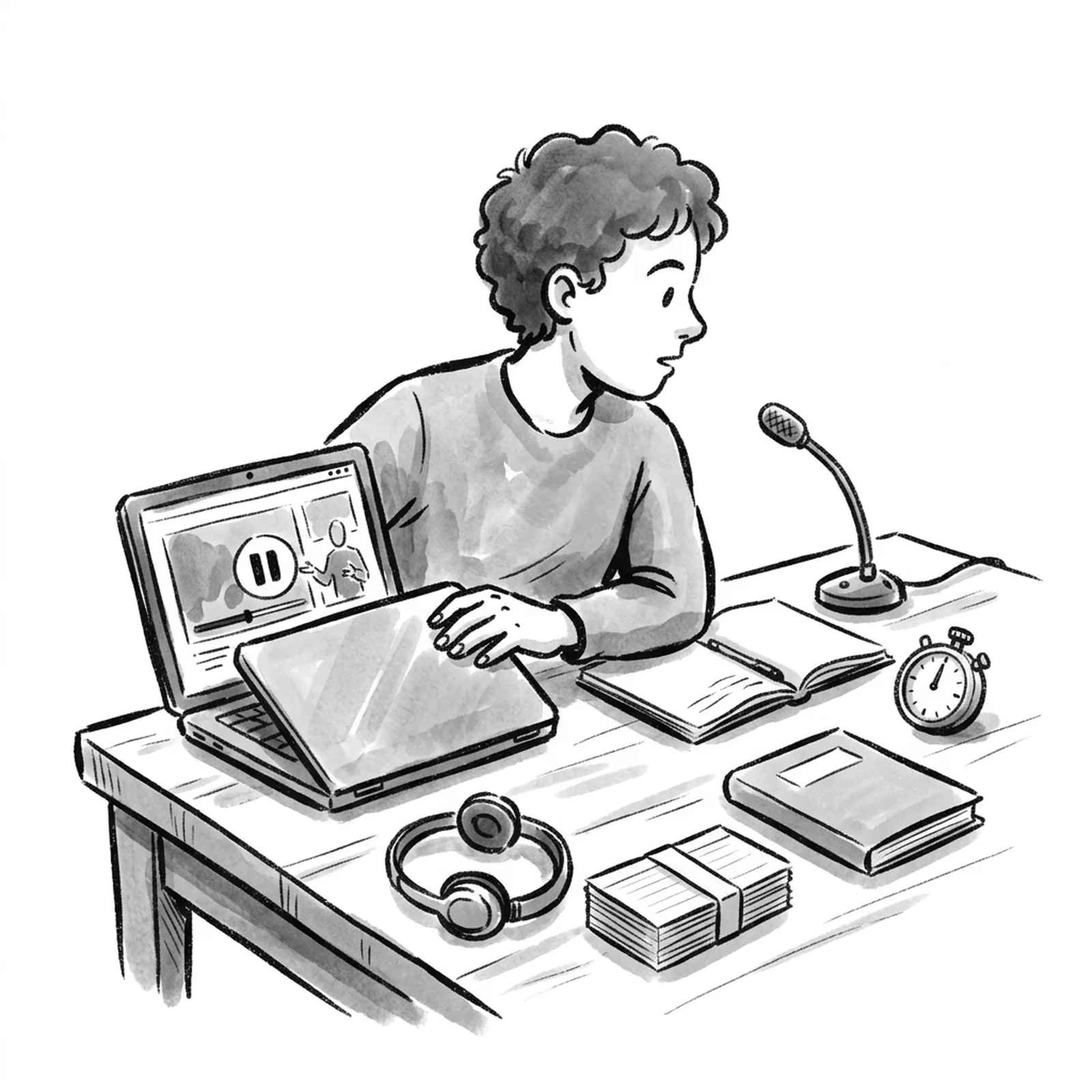 A product manager closing a laptop with a paused video lecture and turning toward a desk microphone, a notebook and a stopwatch, with a headset, index cards and a paperback laid out as options
