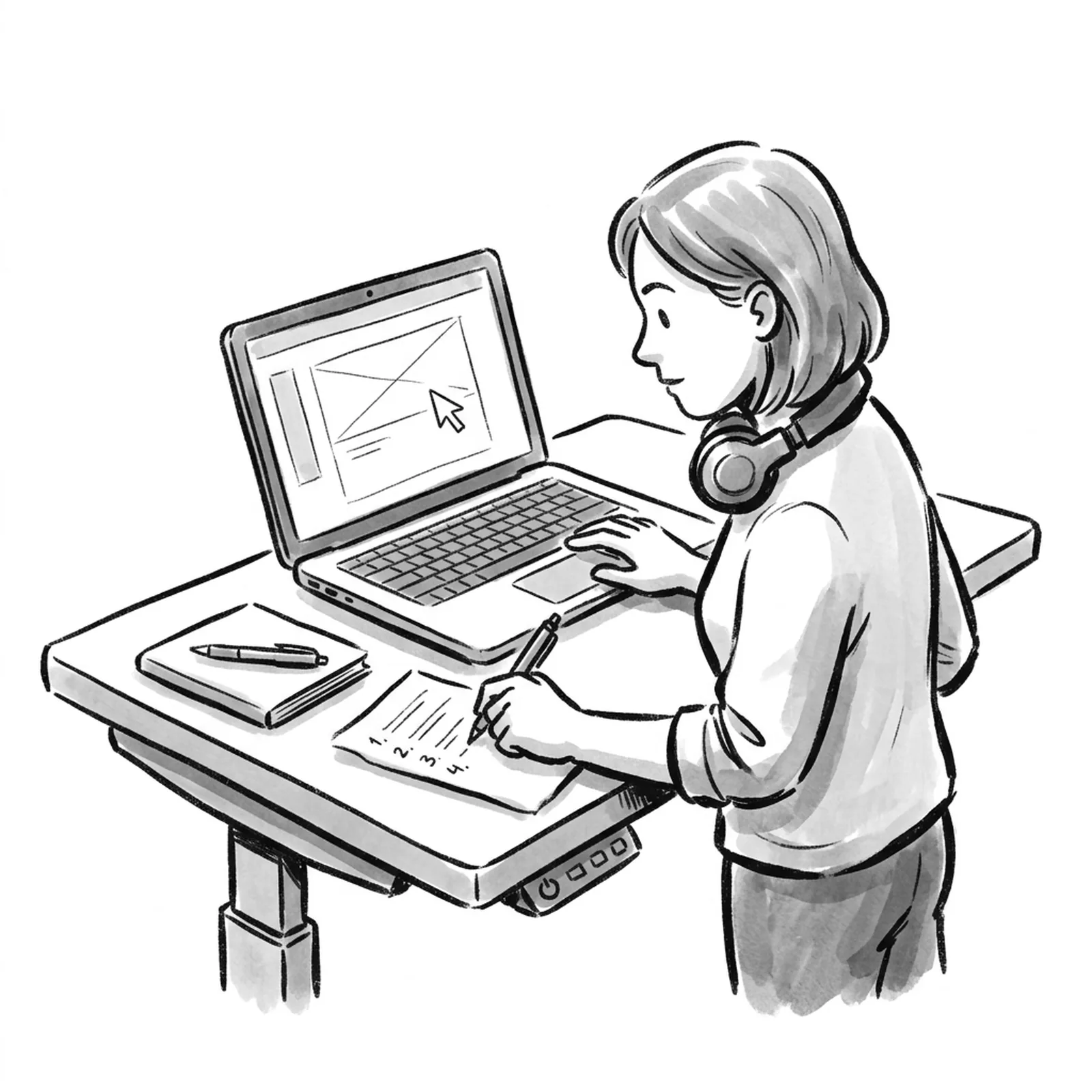 A product manager at a standing desk watches a laptop screen where a cursor moves on its own across a design canvas, while she jots steps onto a paper checklist