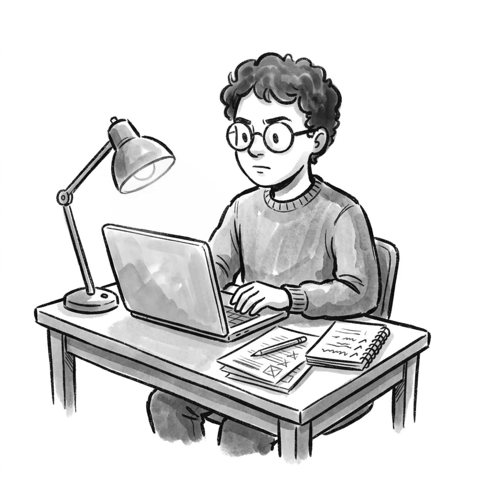 A young career switcher at a small desk late in the evening builds a simple app prototype on a laptop, with a stack of printed job descriptions marked up in pencil beside a notebook of test cases