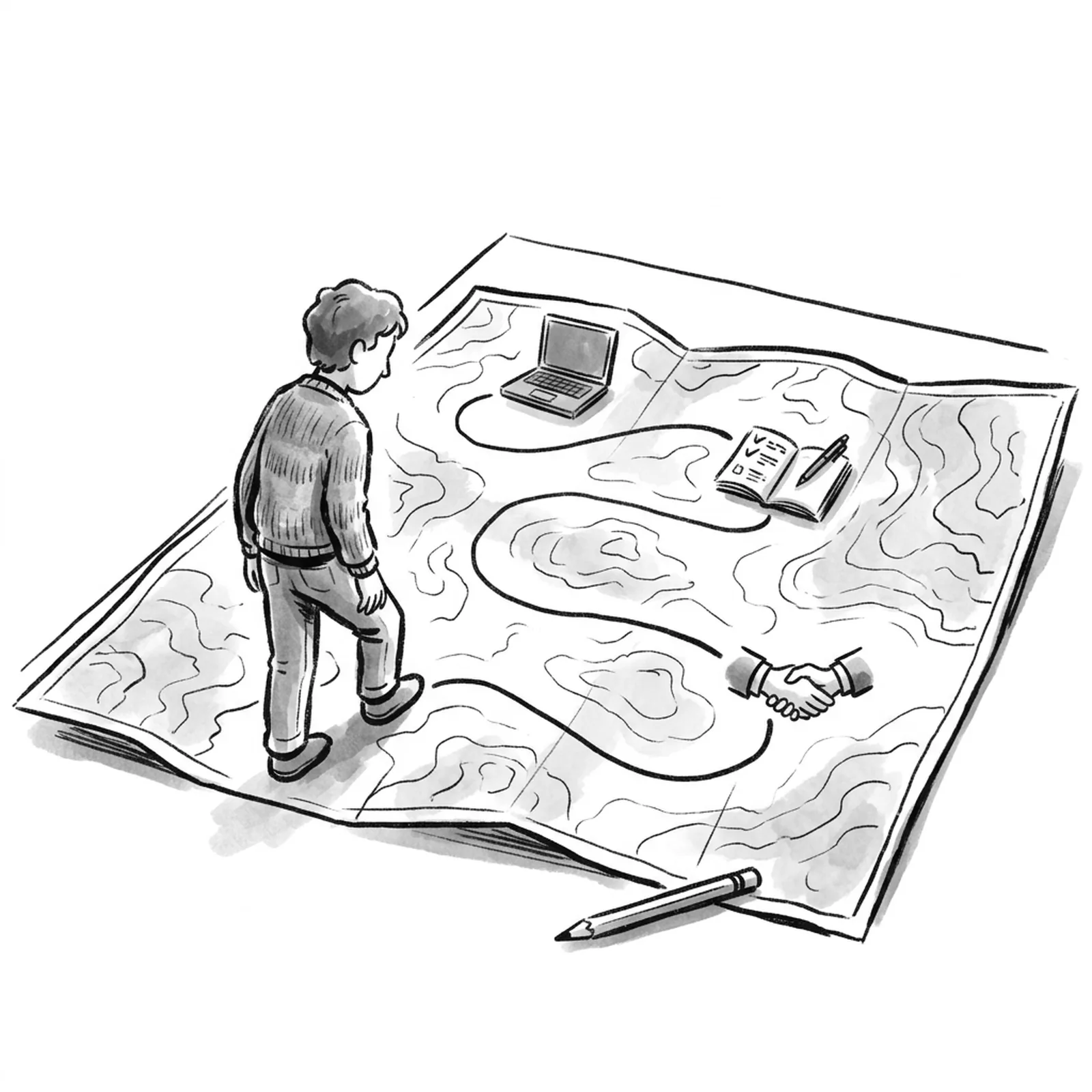 A person at the start of a winding path drawn across a large paper map on a desk, with small sketched milestones along the way: a laptop, a notebook of test cases, and a handshake