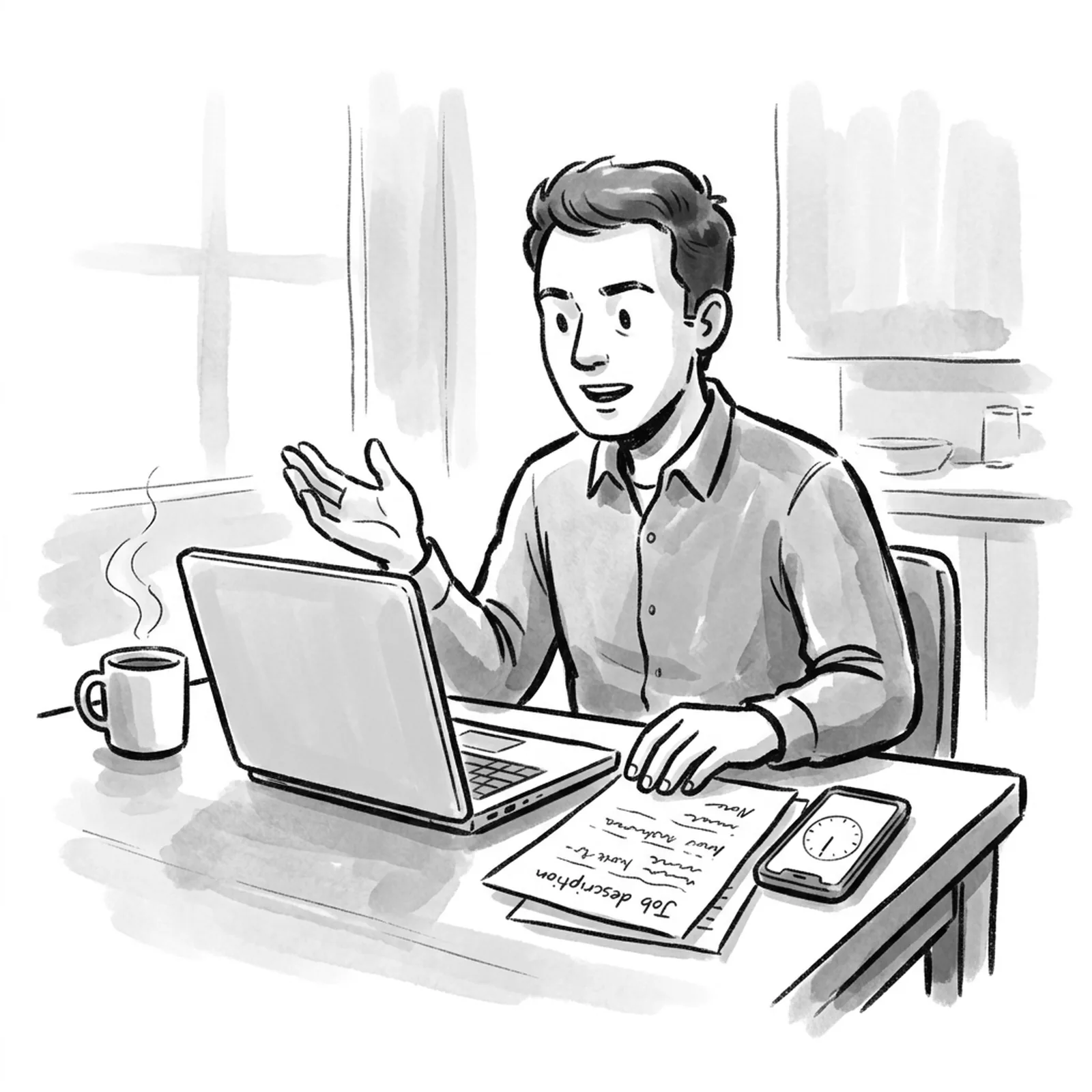 A product manager at a kitchen table early in the morning speaks to an open laptop, a printed job description and a phone timer beside a mug of coffee
