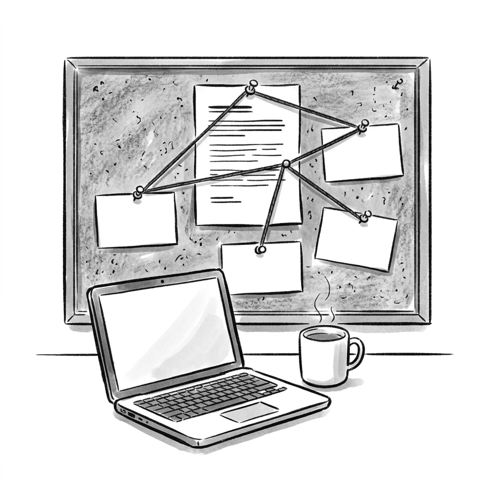 A printed job description pinned to a corkboard with lines connected by string to index cards labelled only with coloured dots, a laptop and a cup of tea on the desk below