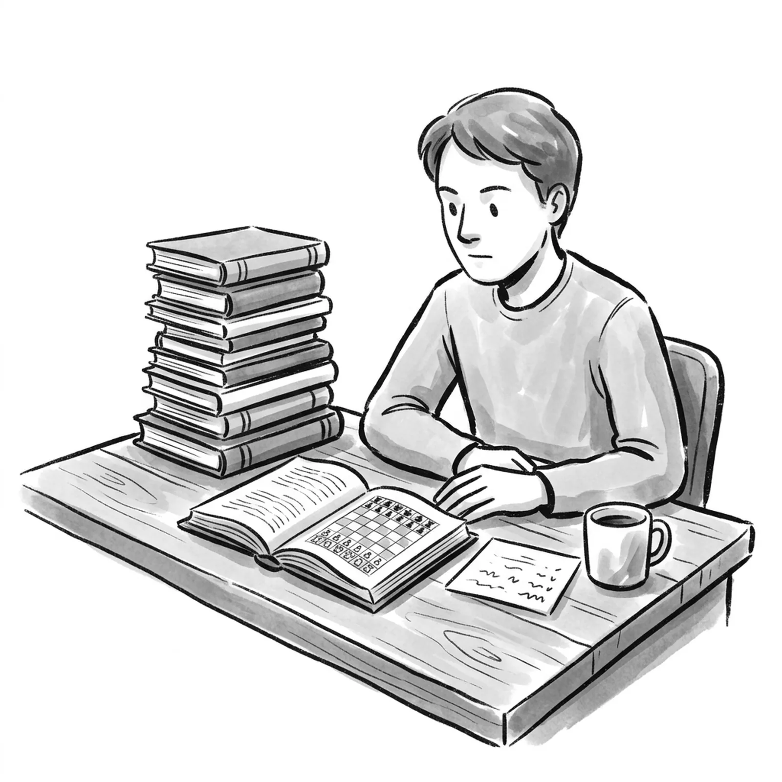 A product manager at a wooden desk with a short stack of twelve books, one open to a sketch of a chess board, and a single index card of notes beside a coffee mug