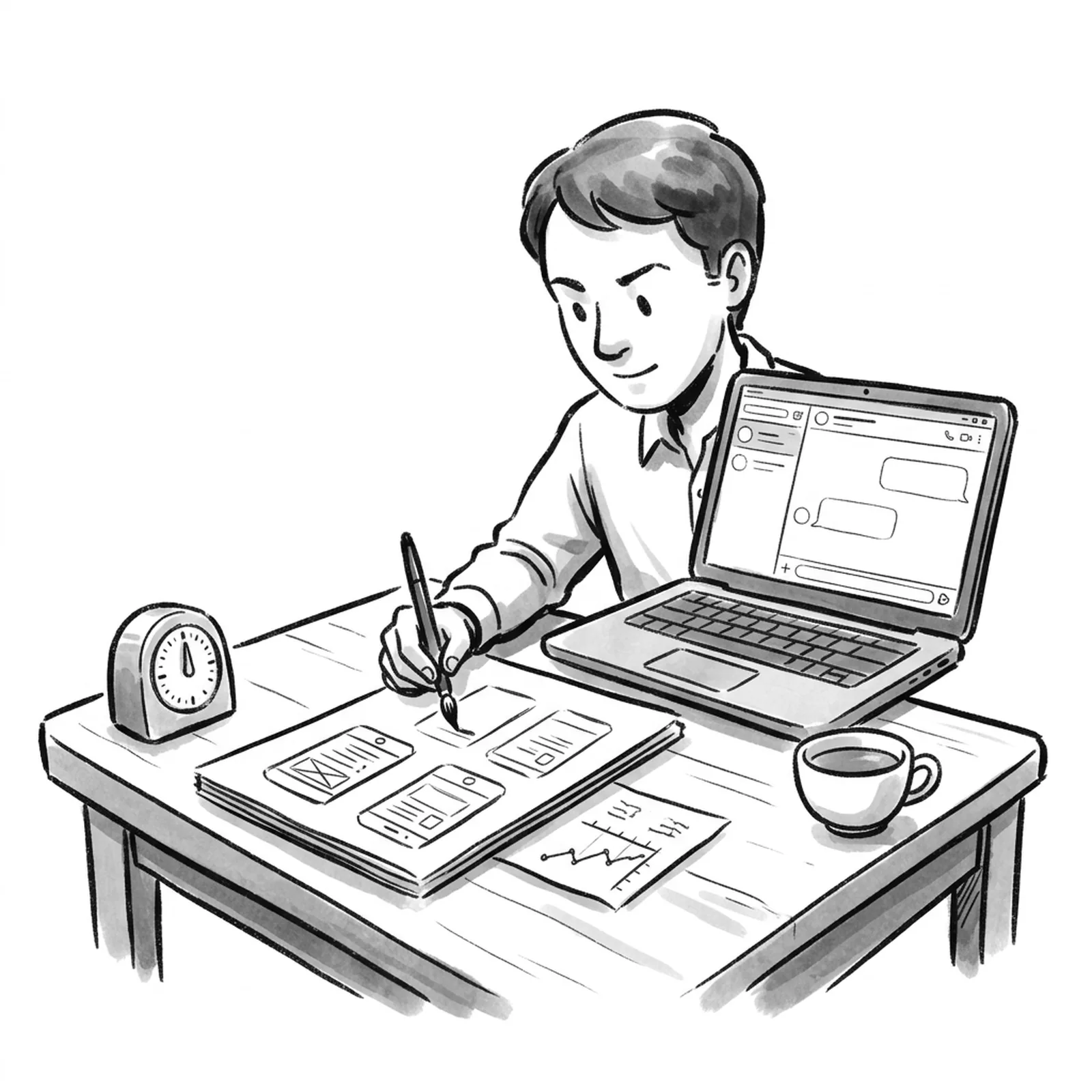A candidate at a table sketching phone screens and a line chart on paper, with a laptop open to a chat window and a timer beside it