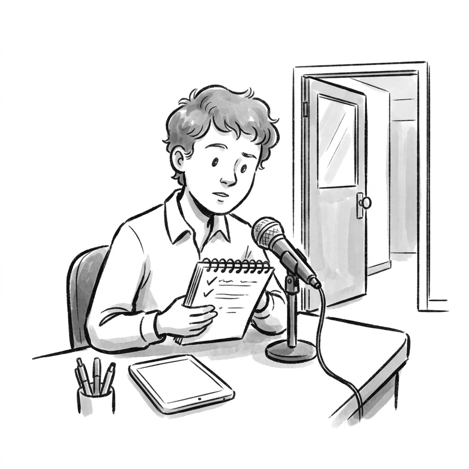 A product manager rehearsing alone at a desk with a notebook and a microphone, a practice room door half open behind them