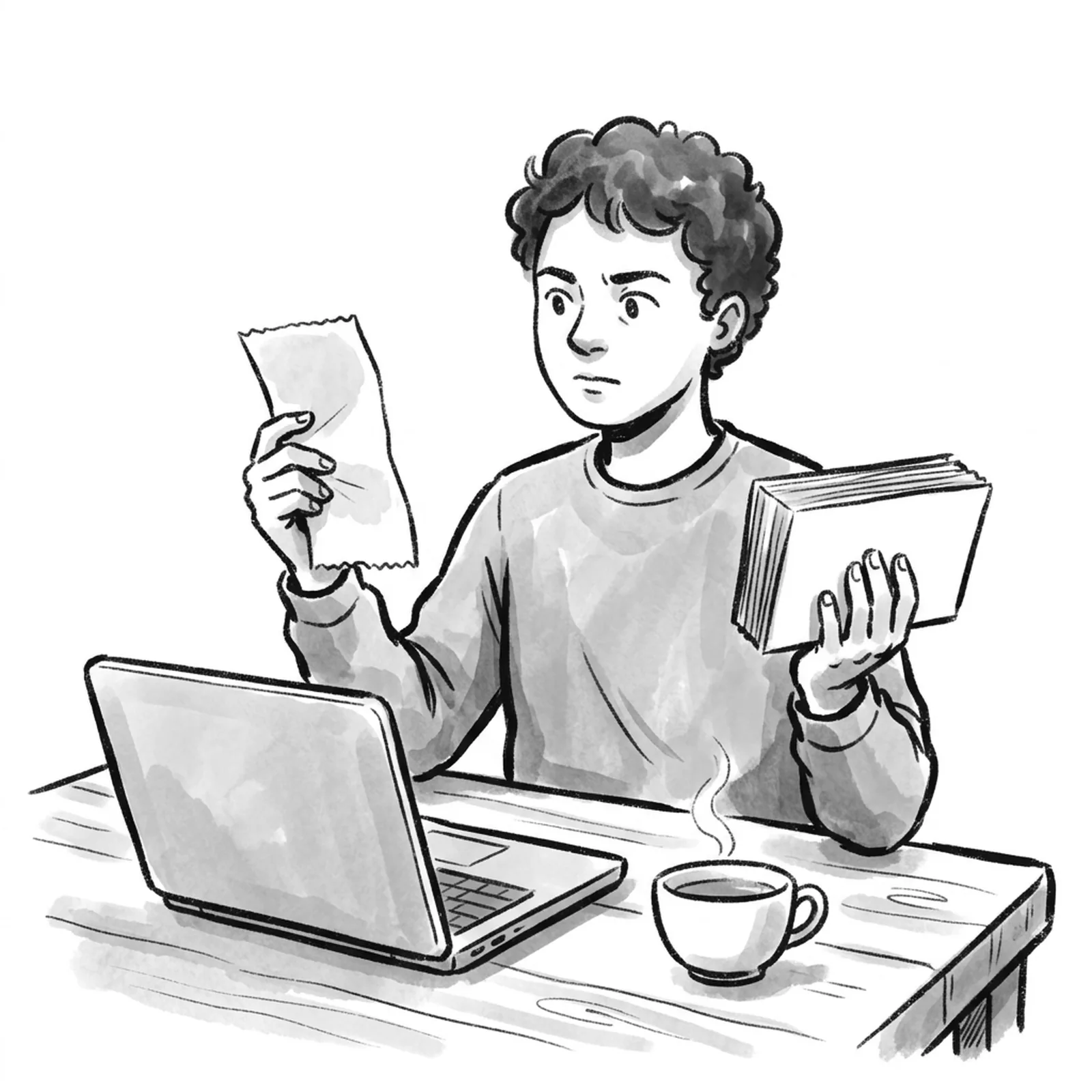 A product manager at a kitchen table weighing a receipt in one hand against a stack of blank interview notecards in the other