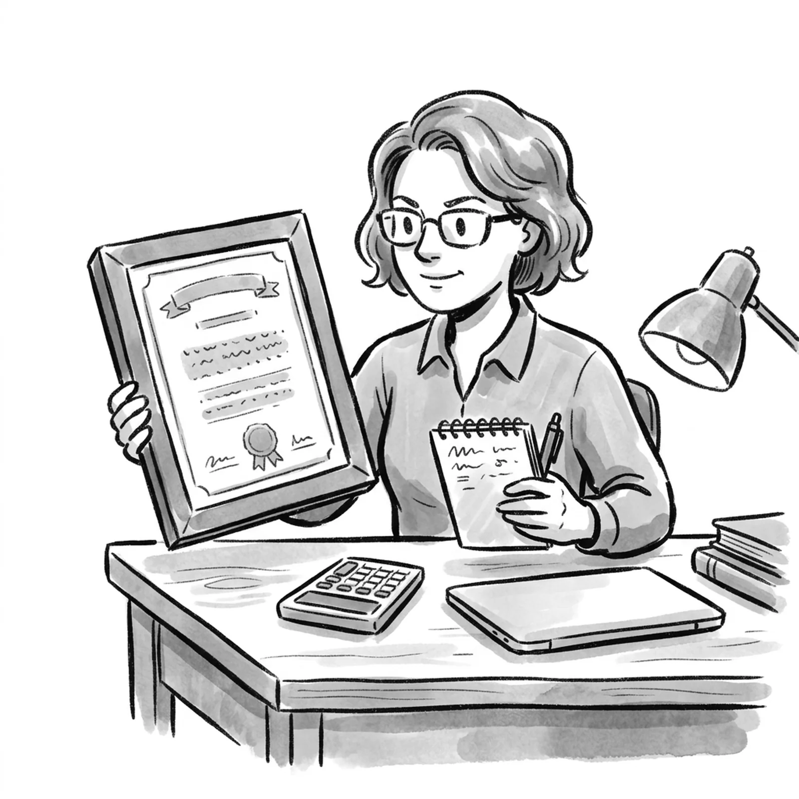 A product manager at a desk holding a thick framed certificate in one hand and a small open notebook in the other, a calculator and a laptop between them